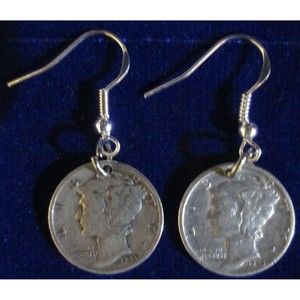 Mercury Dime (900 Silver) Earings with 925 Sterling Silver Earrings Hook Coil
